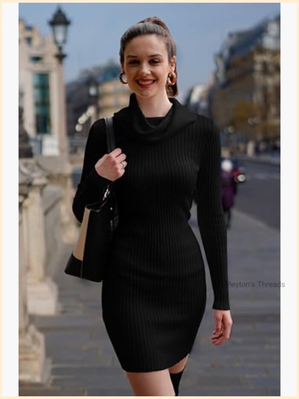 Ribbed Knit Bodycon Midi Dress Cowl Neck Long Sleeve Fitted - Picture 3 of 7